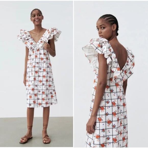 Zara White Black Floral Lattice Ruffle Sleeve Dress Cottagecore Women's Small - Picture 1 of 10